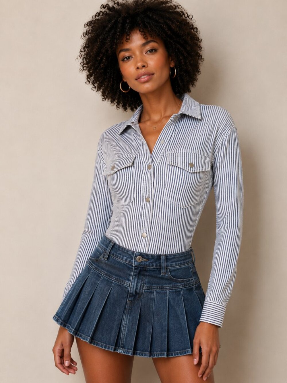DKNY Blue & White Striped Button-Front Bodysuit Shirt